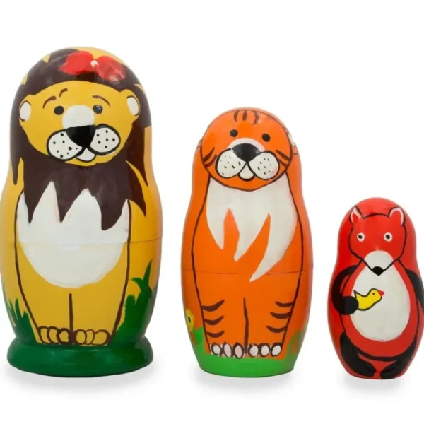 Set Of 3 Lion, Tiger, And Fox Wooden Nesting Dolls 4.25 Inches - CaringForTots - Professional Baby and Children's Products | Caring for Growth, Caring for Every Moment* Animals