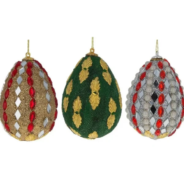 Set Of 3 Mirrored And Golden Metal Leaf Wooden Egg Ornaments 3 Inches - CaringForTots - Professional Baby and Children's Products | Caring for Growth, Caring for Every Moment* Ornaments