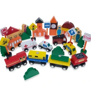 Set Of 40 Pieces City Vehicles, Buildings, And Signs Wooden Blocks - CaringForTots - Professional Baby and Children's Products | Caring for Growth, Caring for Every Moment* Play Vehicles