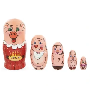 Set Of 5 Pigs Celebration Wooden Nesting Dolls 6 Inches - CaringForTots - Professional Baby and Children's Products | Caring for Growth, Caring for Every Moment* Animals