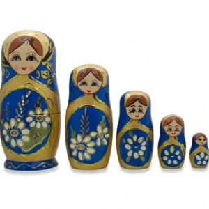 Set Of 5 White Flowers On Blue Nesting Dolls 6.5 Inches - CaringForTots - Professional Baby and Children's Products | Caring for Growth, Caring for Every Moment* Flowers
