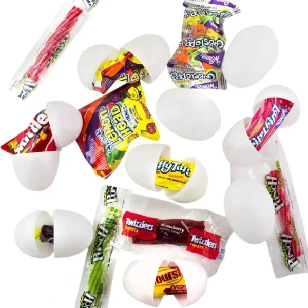 Set Of 12 White Plastic Eggs With Candy 2.25 Inches - CaringForTots - Professional Baby and Children's Products | Caring for Growth, Caring for Every Moment* With Candy