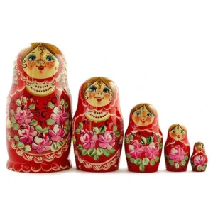 Set Of Girls In Red Dress Wooden Nesting Dolls 7 Inches - CaringForTots - Professional Baby and Children's Products | Caring for Growth, Caring for Every Moment* Flowers