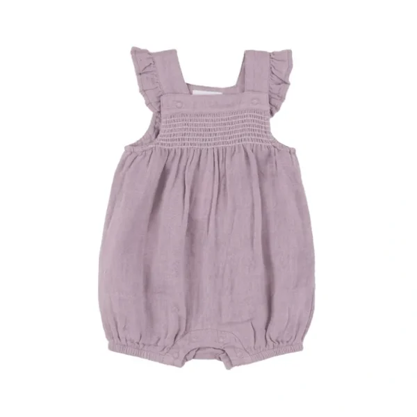 Smocked Front Overall Shortie - Dusty Lavender Solid Muslin - CaringForTots - Professional Baby and Children's Products | Caring for Growth, Caring for Every Moment* Shorts
