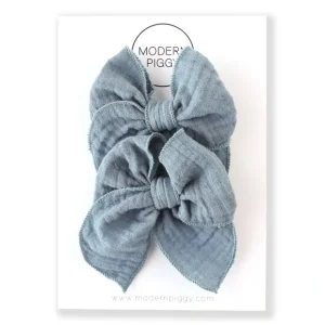 Steel Blue | Pigtail Set - Gauze Petite Party Bow - CaringForTots - Professional Baby and Children's Products | Caring for Growth, Caring for Every Moment* Hand-tied bow