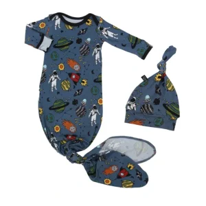 Clothing | Stormy Space Doodle Bamboo Knotted Newborn Gown + Hat Set - CaringForTots - Professional Baby and Children's Products | Caring for Growth, Caring for Every Moment