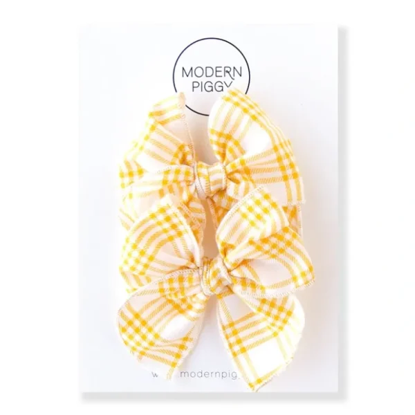Sunflower Plaid | Pigtail Set - Petite Party Bow - CaringForTots - Professional Baby and Children's Products | Caring for Growth, Caring for Every Moment* Hand-tied bow