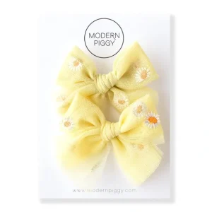 Sunrise Daisy | Tulle Bow - Pigtail Set - CaringForTots - Professional Baby and Children's Products | Caring for Growth, Caring for Every Moment* Hand-tied bow