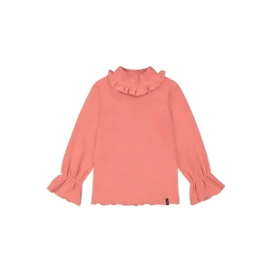 Super Soft Brushed Rib Mock Neck Top With Frills Salmon Pink - CaringForTots - Professional Baby and Children's Products | Caring for Growth, Caring for Every Moment* Tees - Long Sleeve