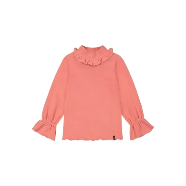 Super Soft Brushed Rib Mock Neck Top With Frills Salmon Pink - CaringForTots - Professional Baby and Children's Products | Caring for Growth, Caring for Every Moment* Tees - Long Sleeve