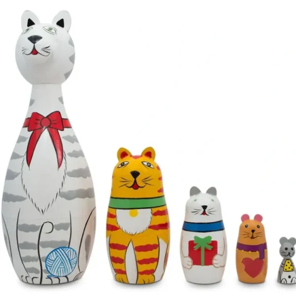 Tabby, Siamese, Maine Coon & Mouse Cats Wooden Nesting Dolls 7 Inches - CaringForTots - Professional Baby and Children's Products | Caring for Growth, Caring for Every Moment* Animals