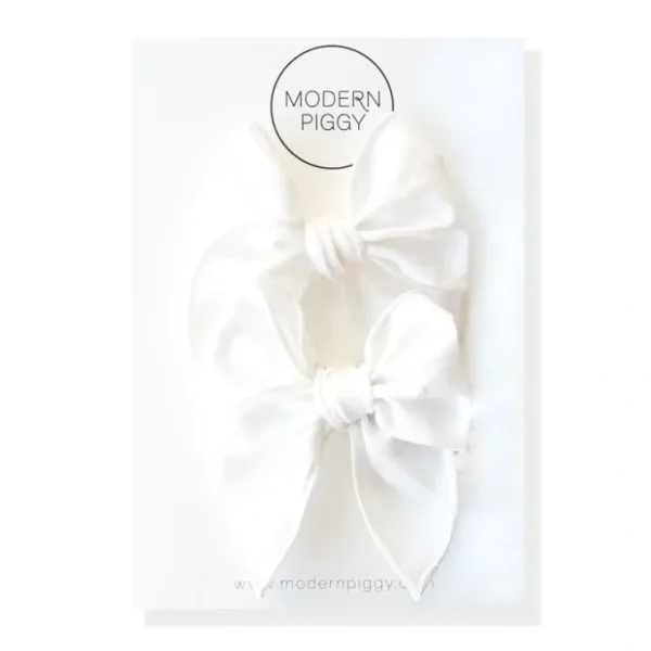 True White | Pigtail Set - Petite Party Bow - CaringForTots - Professional Baby and Children's Products | Caring for Growth, Caring for Every Moment* Hand-tied bow