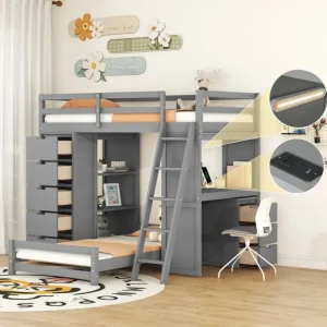 Twin over Twin Bunk Bed with LED Light and USB Ports, Gray - CaringForTots - Professional Baby and Children's Products | Caring for Growth, Caring for Every Moment* All Products