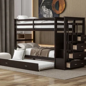 Twin Over Twin Bunk Bed with Trundle and Staircase,Espresso - CaringForTots - Professional Baby and Children's Products | Caring for Growth, Caring for Every Moment* All Products