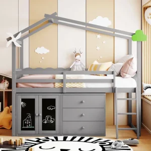 Twin Size House Bed With Cabinet and Drawers, Gray - CaringForTots - Professional Baby and Children's Products | Caring for Growth, Caring for Every Moment* All Products