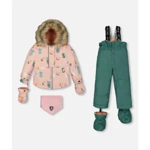 Two Piece Baby Snowsuit Sage Green And Printed Cats by Deux par Deux - CaringForTots - Professional Baby and Children's Products | Caring for Growth, Caring for Every Moment* Snowsuits