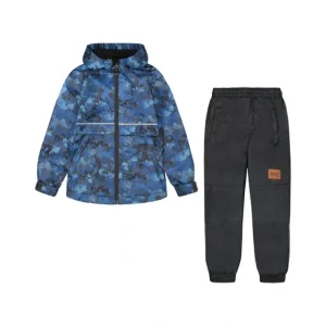 Two Piece Hooded Coat And Pant Mid-season Set Blue Printed Bike And Black - CaringForTots - Professional Baby and Children's Products | Caring for Growth, Caring for Every Moment* Outerwear