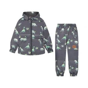 Two Piece Hooded Coat And Pant Mid-season Set Grey Printed Dinosaurs - CaringForTots - Professional Baby and Children's Products | Caring for Growth, Caring for Every Moment* Outerwear