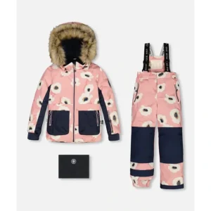 Two Piece Snowsuit Allover Print Pink Printed Off White Flowers by Deux par Deux - CaringForTots - Professional Baby and Children's Products | Caring for Growth, Caring for Every Moment* Snowsuits