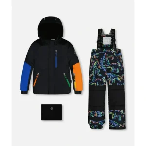 Two Piece Snowsuit Black Printed Dinos by Deux par Deux - CaringForTots - Professional Baby and Children's Products | Caring for Growth, Caring for Every Moment* Snowsuits