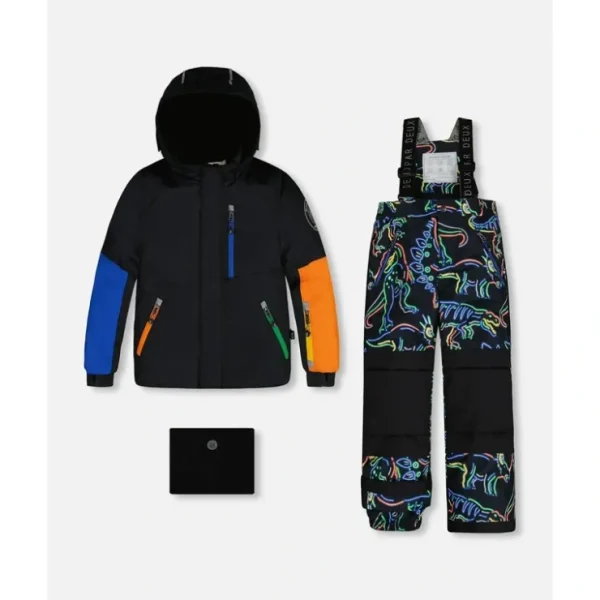 Two Piece Snowsuit Black Printed Dinos by Deux par Deux - CaringForTots - Professional Baby and Children's Products | Caring for Growth, Caring for Every Moment* Snowsuits