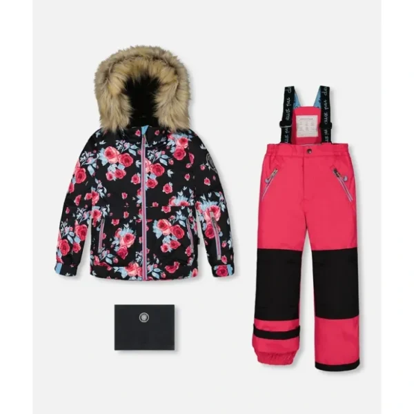 Two Piece Snowsuit Black Printed Rose With Fuschia Pink by Deux par Deux - CaringForTots - Professional Baby and Children's Products | Caring for Growth, Caring for Every Moment* Snowsuits