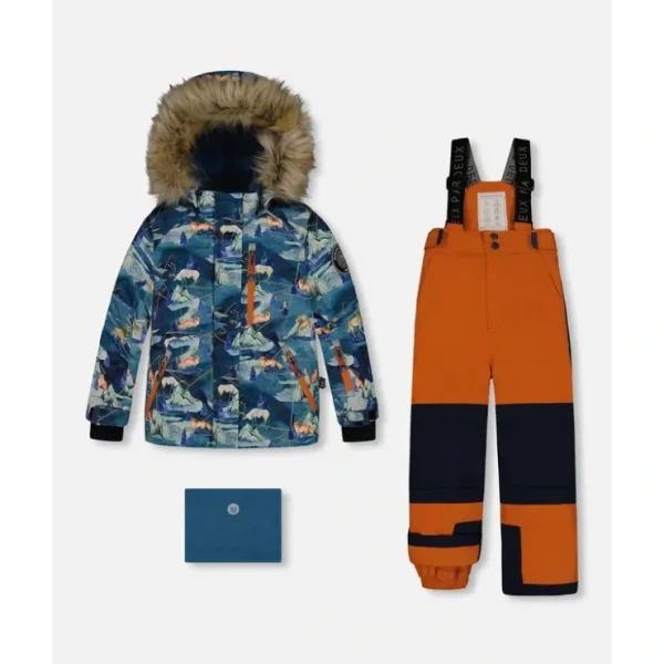 Two Piece Snowsuit Burnt Orange With Printed Animals And Glaciers by Deux par Deux - CaringForTots - Professional Baby and Children's Products | Caring for Growth, Caring for Every Moment* Snowsuits