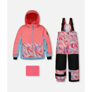 Two Piece Snowsuit Colorblock Coral And Air Blue With Printed Marble by Deux par Deux - CaringForTots - Professional Baby and Children's Products | Caring for Growth, Caring for Every Moment* Snowsuits