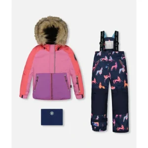 Two Piece Snowsuit Colorblock Purple And Coral With Printed Unicorns by Deux par Deux - CaringForTots - Professional Baby and Children's Products | Caring for Growth, Caring for Every Moment* Snowsuits