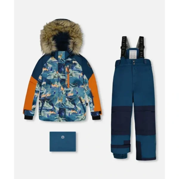 Two Piece Snowsuit Majolica Blue Printed Animals And Glaciers by Deux par Deux - CaringForTots - Professional Baby and Children's Products | Caring for Growth, Caring for Every Moment* Snowsuits