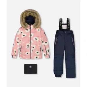 Two Piece Snowsuit Pink Printed Off White Flowers And Navy by Deux par Deux - CaringForTots - Professional Baby and Children's Products | Caring for Growth, Caring for Every Moment* Snowsuits