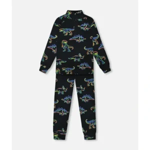 Two Piece Thermal Underwear Set Black Printed Neon Dino by Deux par Deux - CaringForTots - Professional Baby and Children's Products | Caring for Growth, Caring for Every Moment* Winter Accessories