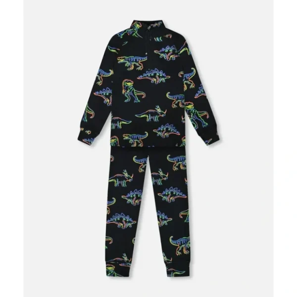 Two Piece Thermal Underwear Set Black Printed Neon Dino by Deux par Deux - CaringForTots - Professional Baby and Children's Products | Caring for Growth, Caring for Every Moment* Winter Accessories