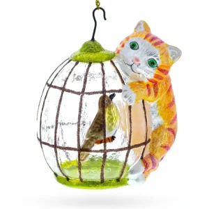 Whimsical Cat Perched On Bird Cage - Unique Blown Glass Christmas Ornament - CaringForTots - Professional Baby and Children's Products | Caring for Growth, Caring for Every Moment* Christmas Tree Ornaments