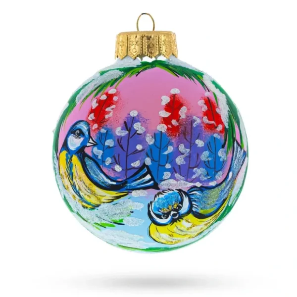 Whimsical Two Finches In Winter - Artisan Blown Glass Ball Christmas Ornament 4 Inches - CaringForTots - Professional Baby and Children's Products | Caring for Growth, Caring for Every Moment* Ornaments