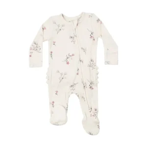 Clothing | Wispy Floral Ribbed Bamboo 2 Way Ruffle Zipper Footie - CaringForTots - Professional Baby and Children's Products | Caring for Growth, Caring for Every Moment
