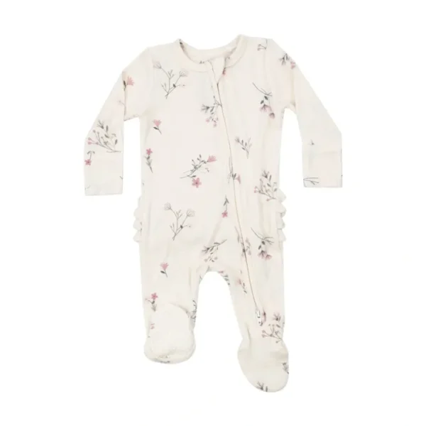Clothing | Wispy Floral Ribbed Bamboo 2 Way Ruffle Zipper Footie - CaringForTots - Professional Baby and Children's Products | Caring for Growth, Caring for Every Moment